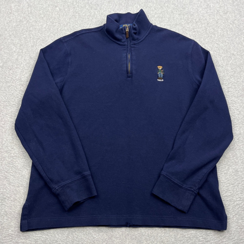 Ralph Lauren Polo Preppy Bear 1/4 Zip Pullover Mens Medium Blue Mock Sweater